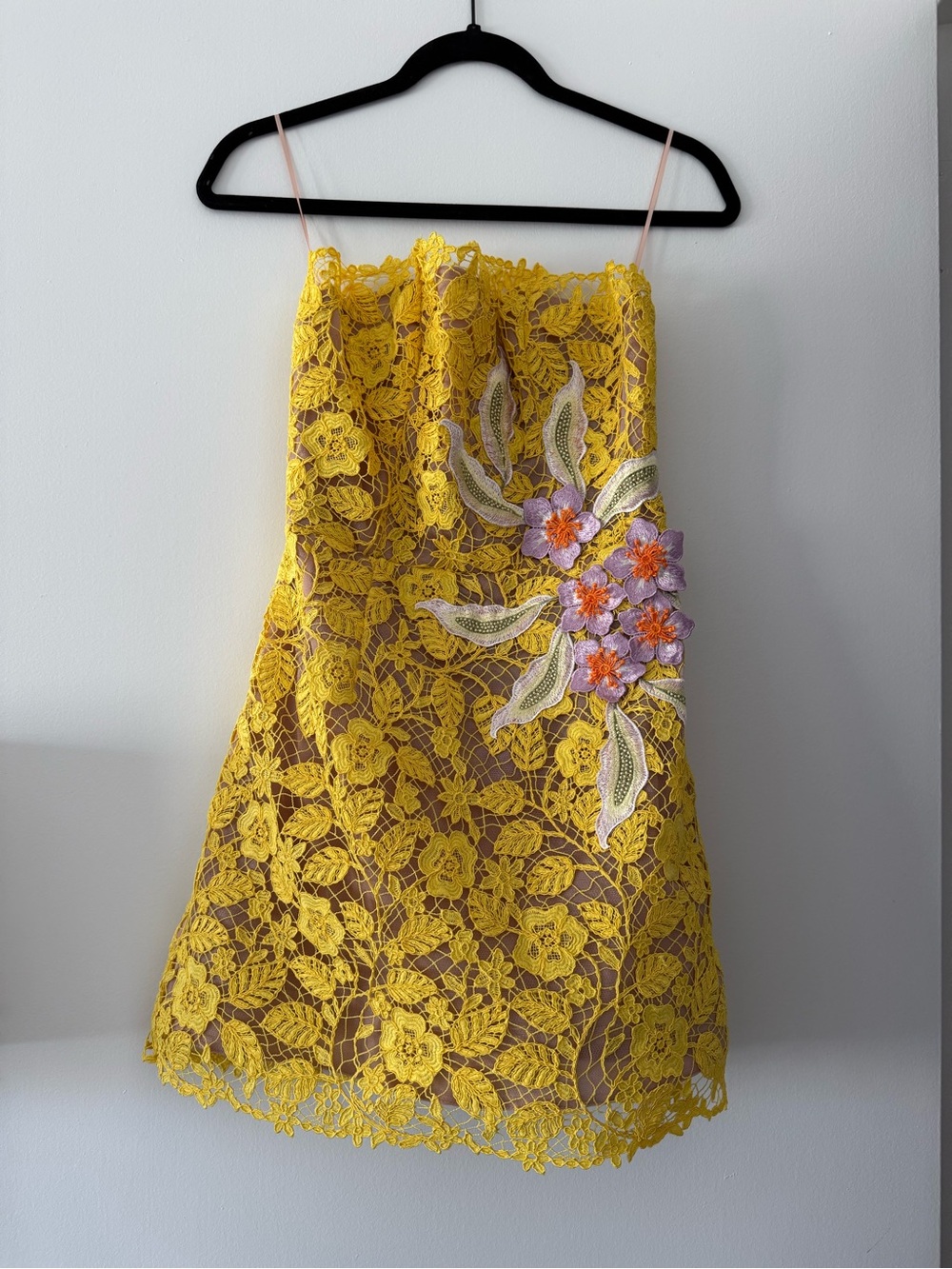 Helsi Yellow Lace Mini Dress with Floral Appliqué